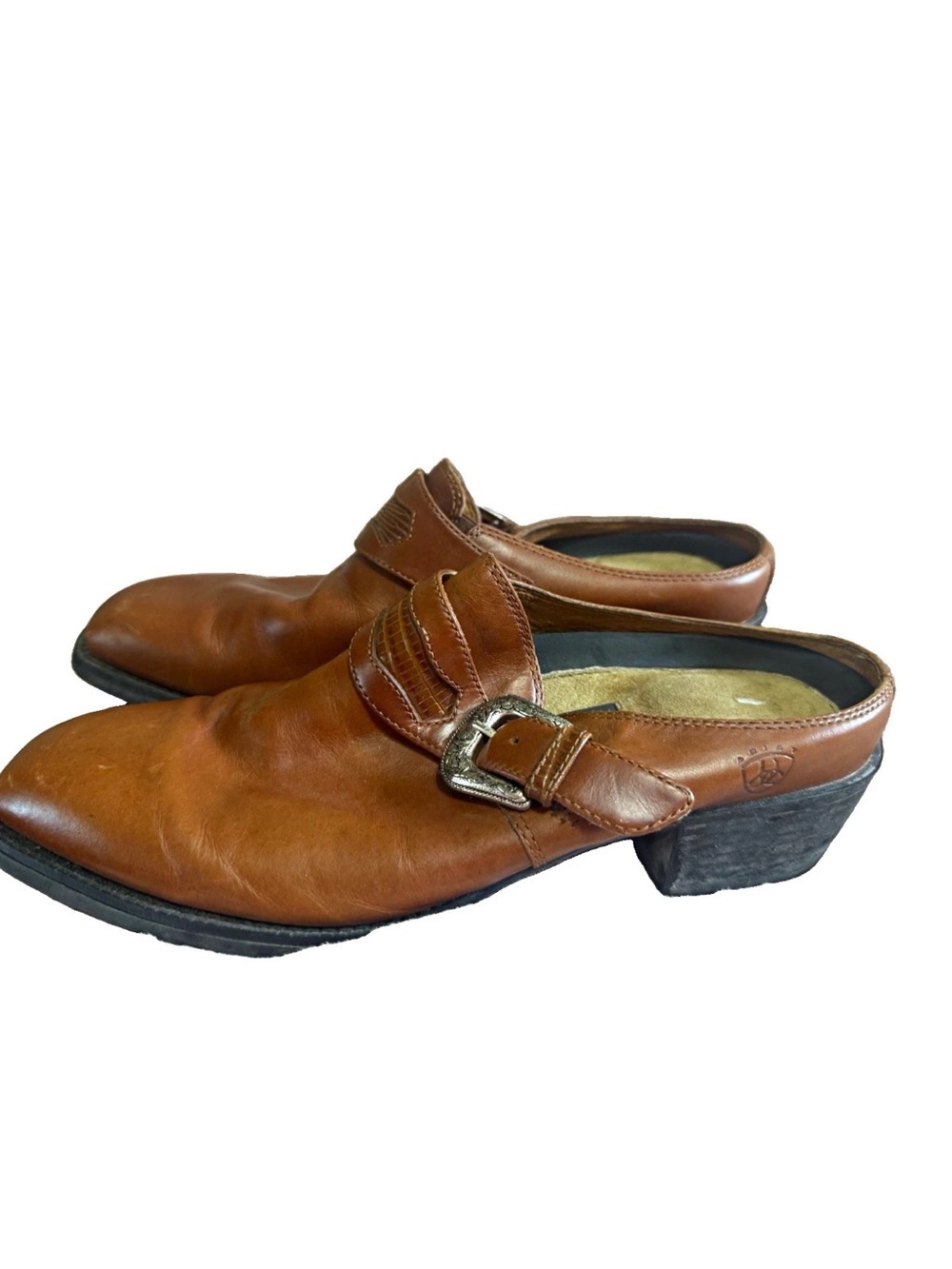 Vintage Ariat Brown Leather Cowgirl Mule Clogs Strap Stacked Heel Sz 8.5